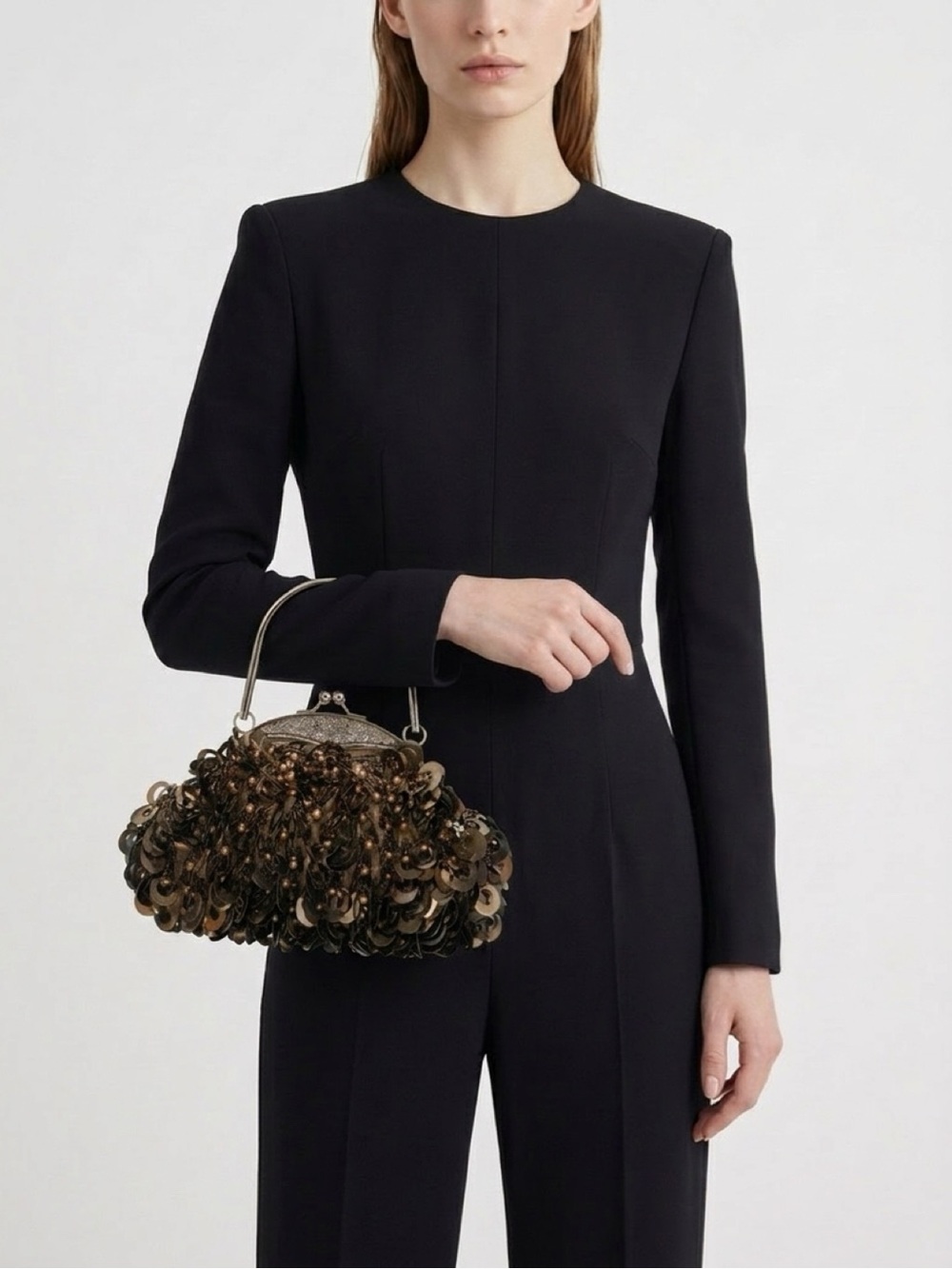 Sequined Evening Top-Handle Clutch in Gold